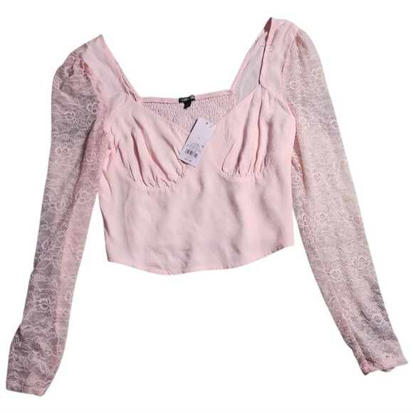 Wild Fable Pink cropped top with lace sleeves Sz Large Coquette Milkmade Cottage - Picture 1 of 6